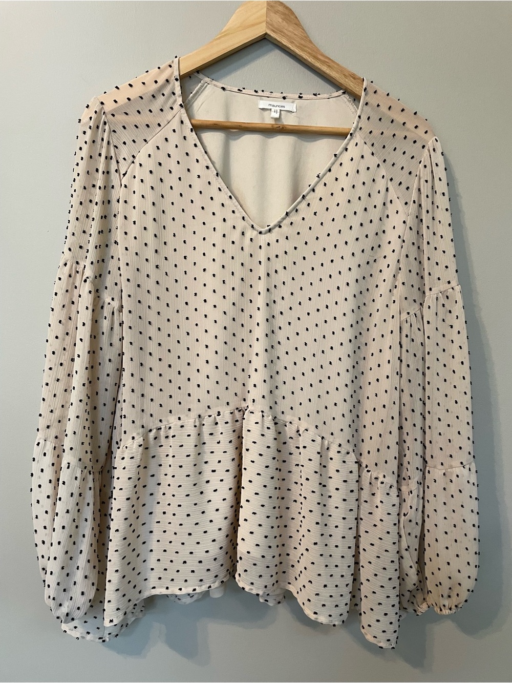 Maurices Ivory Black Swiss Dot Peplum Blouse XL Balloon Sleeve